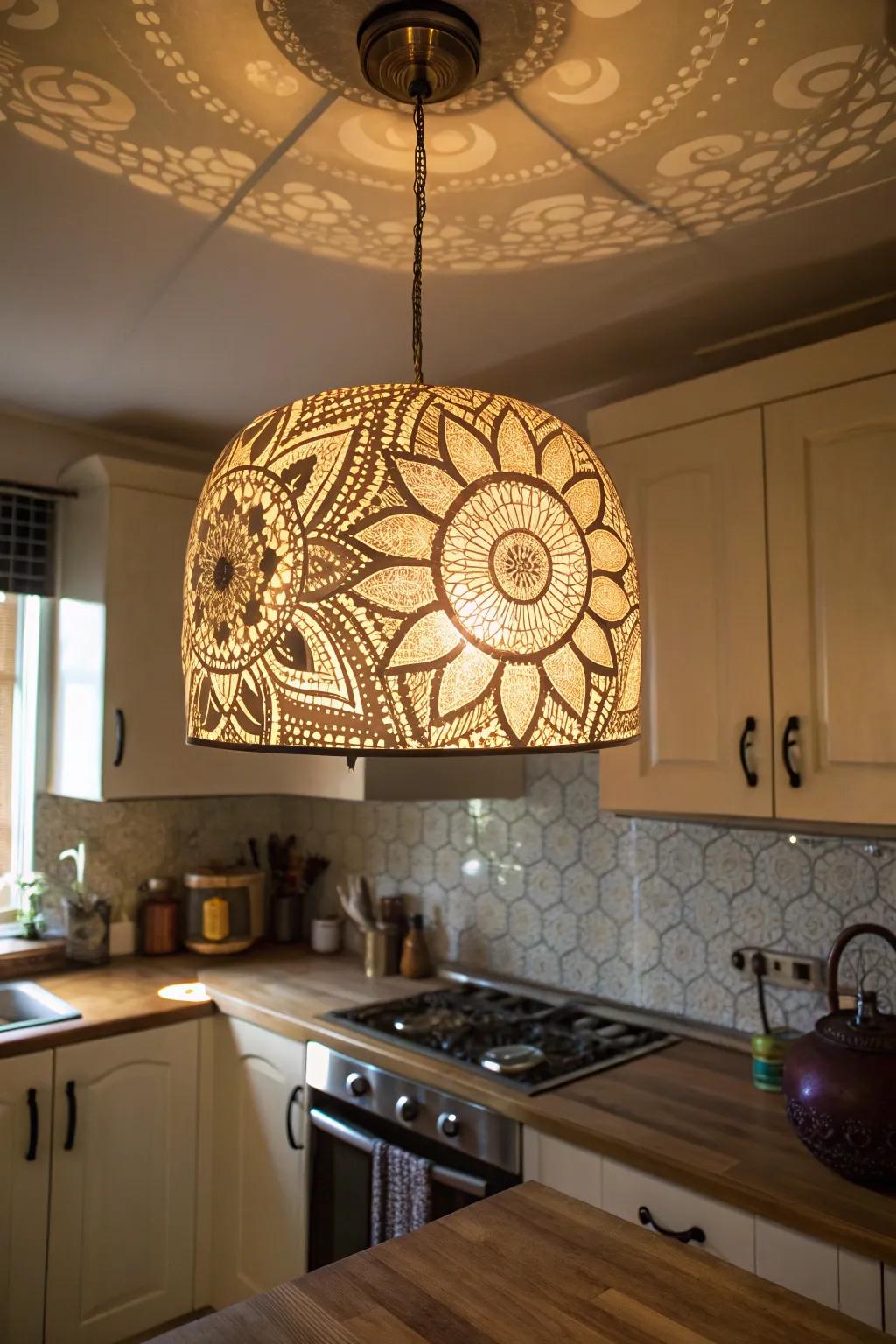 A pendant light with circle motif patterns casting decorative shadows in a kitchen.