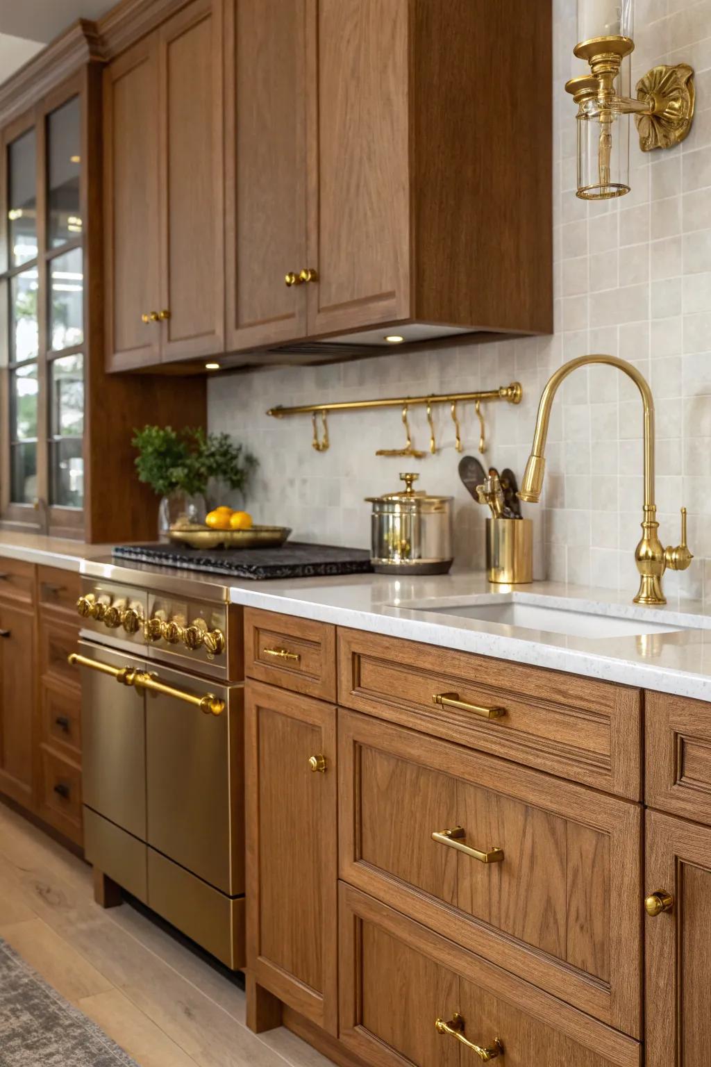 An elegant kitchen featuring walnut cabinets with glamorous metallic accents.