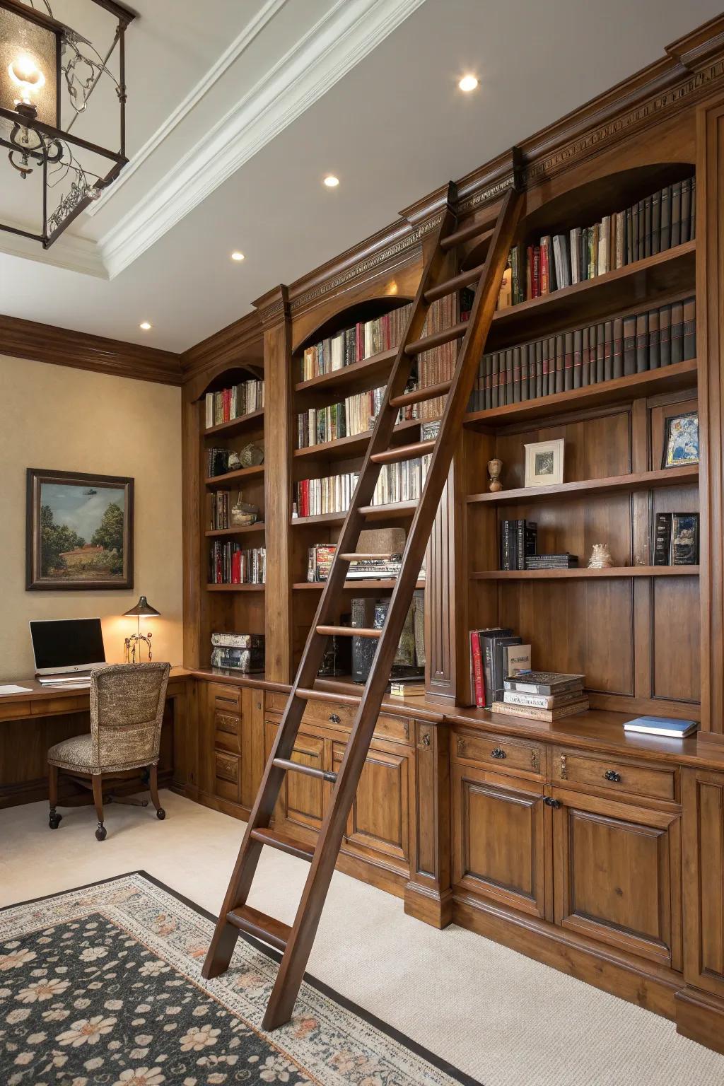 This home office includes a library ladder, which adds both function and charm.