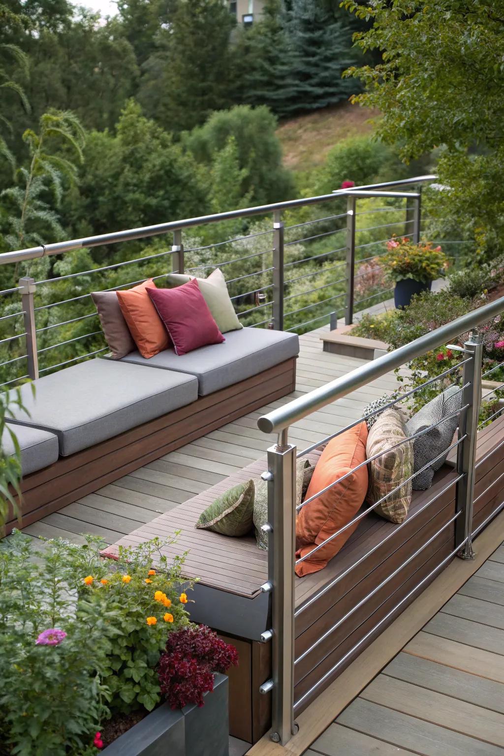 Integrated seating contributes comfort and utility to metallic railings.