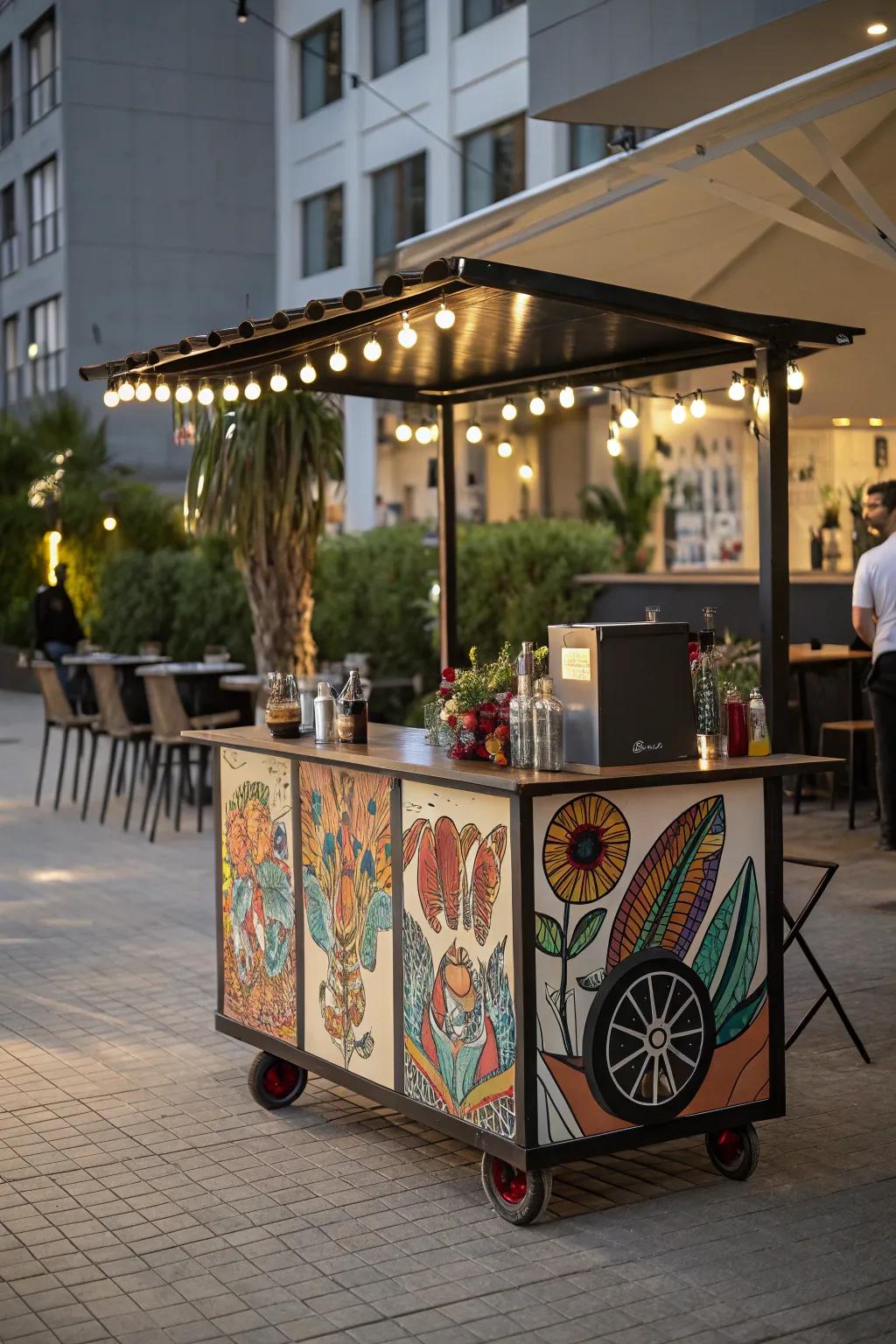 A distinctive piece defines the style of this mobile bar.