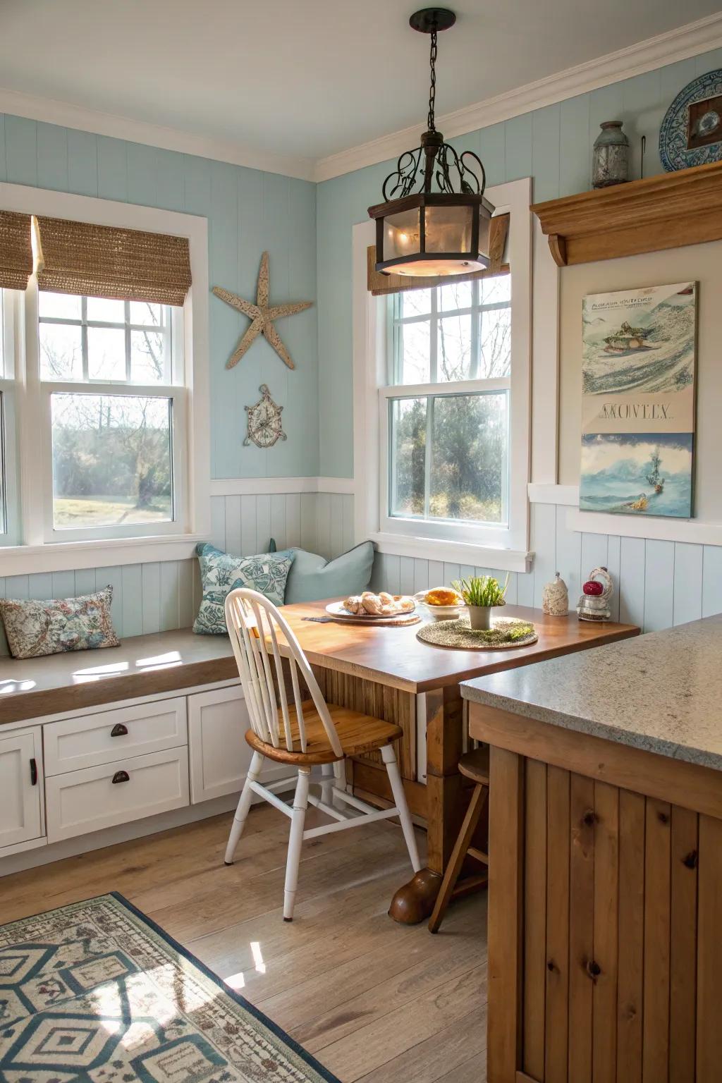 A morning corner contributes coziness to this coastal kitchen.