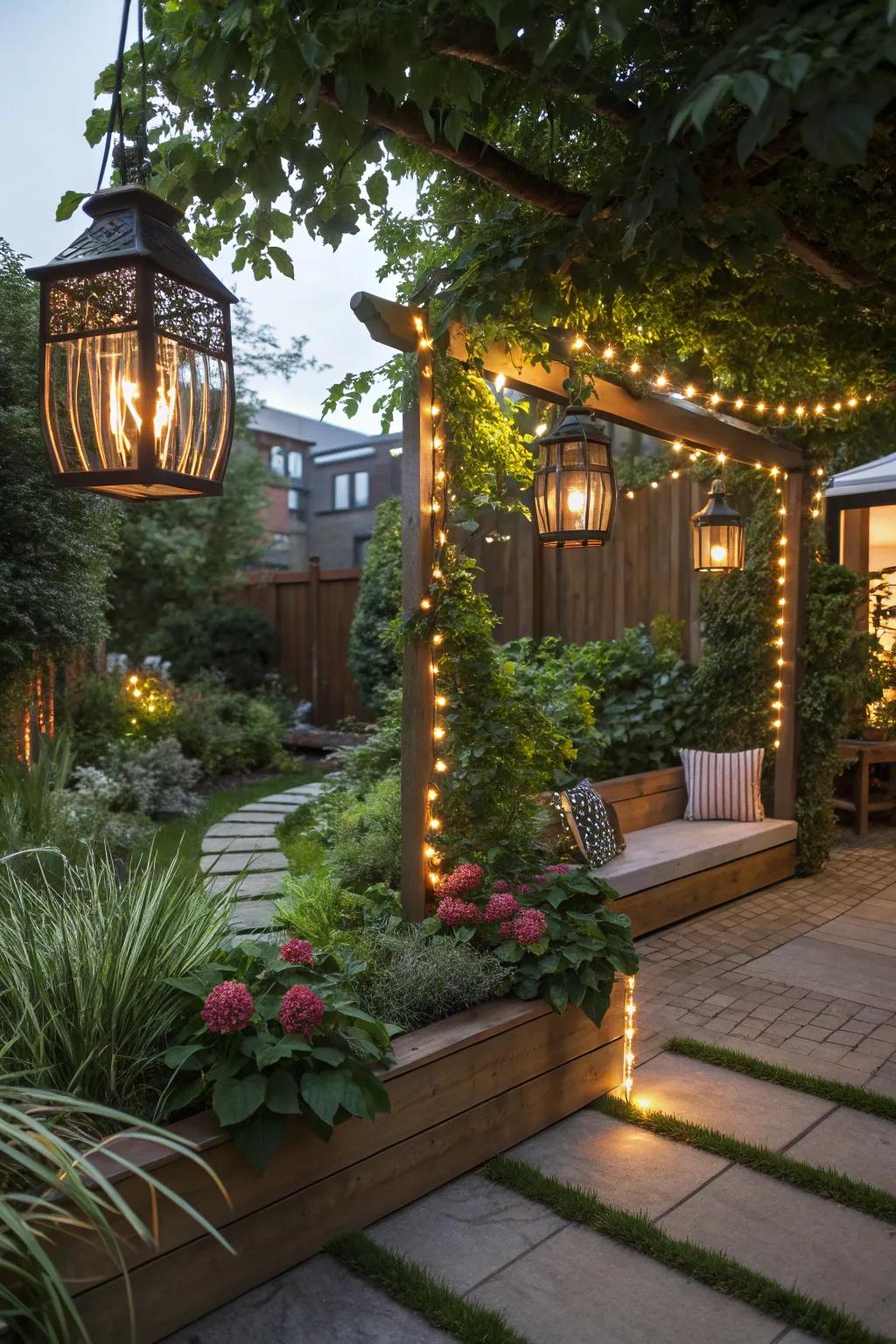 Illumination enhances the mood and functionality of garden corners.