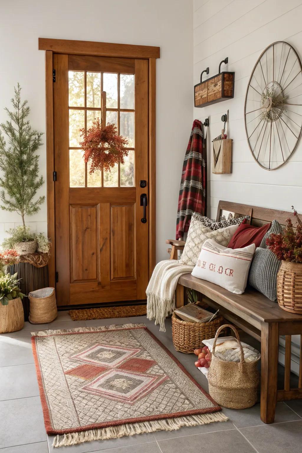 Seasonal textiles refresh the entryway's look.