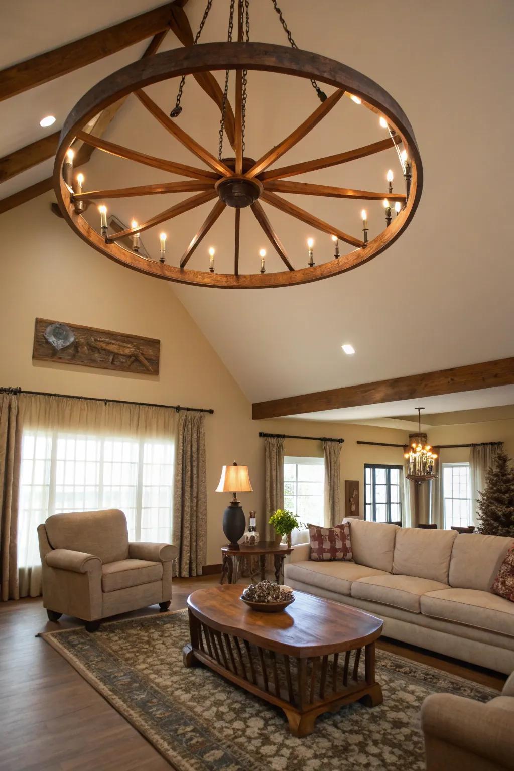 Wheel chandeliers create a grand statement.