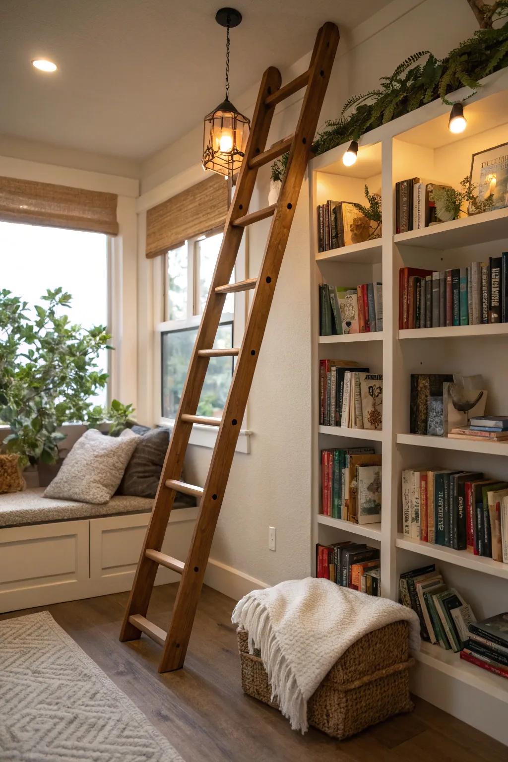 Timber ladder displaying cozy throws in a reading alcove.