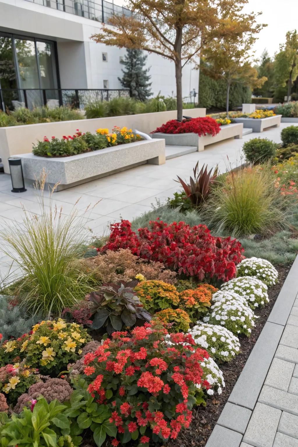 Seasonal changes keep flower beds vibrant year-round.