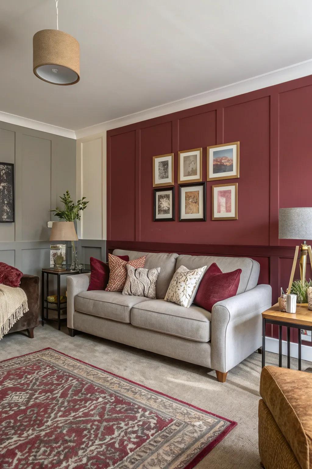Lounge consisting of color-blocked walls in deep red and grey.