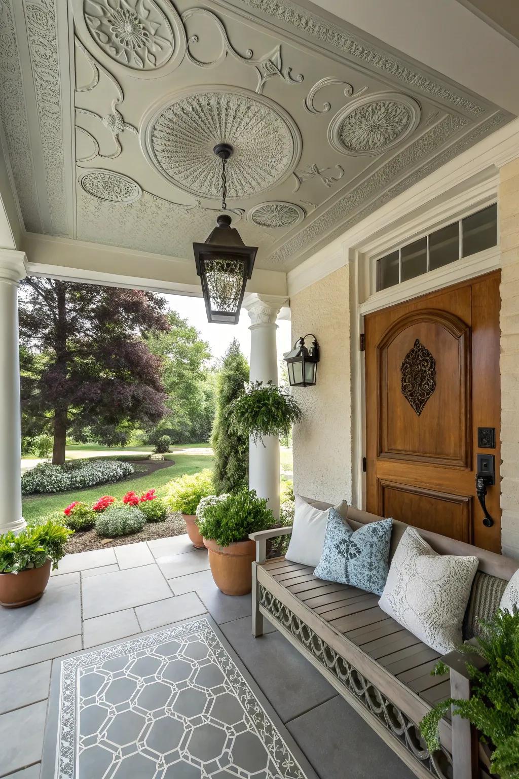 A small front porch elevated by a unique ceiling feature, adding character and sophistication.