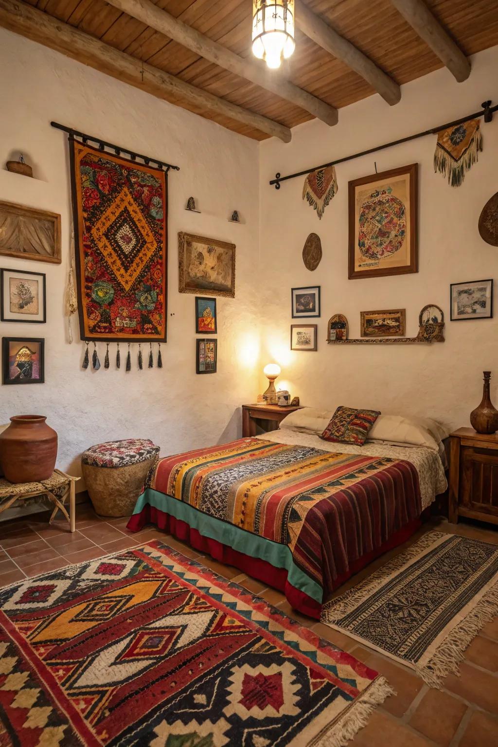 Cultural elements infuse a bedroom with private meaning.