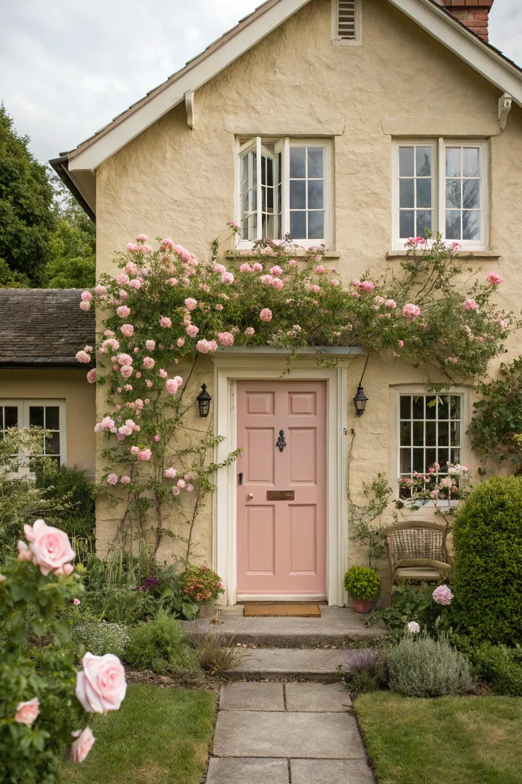 Rosy front door incorporates a gentle and elegant touch to a beige house.