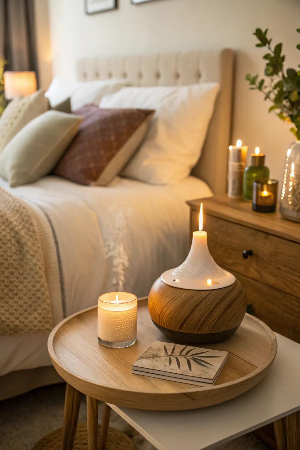 Forest aromas enhance the organic ambiance of the bedroom.