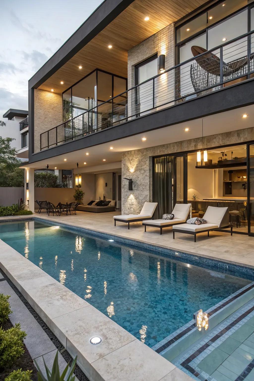 A dual-level pool delivering varied experiences in one cohesive blueprint.
