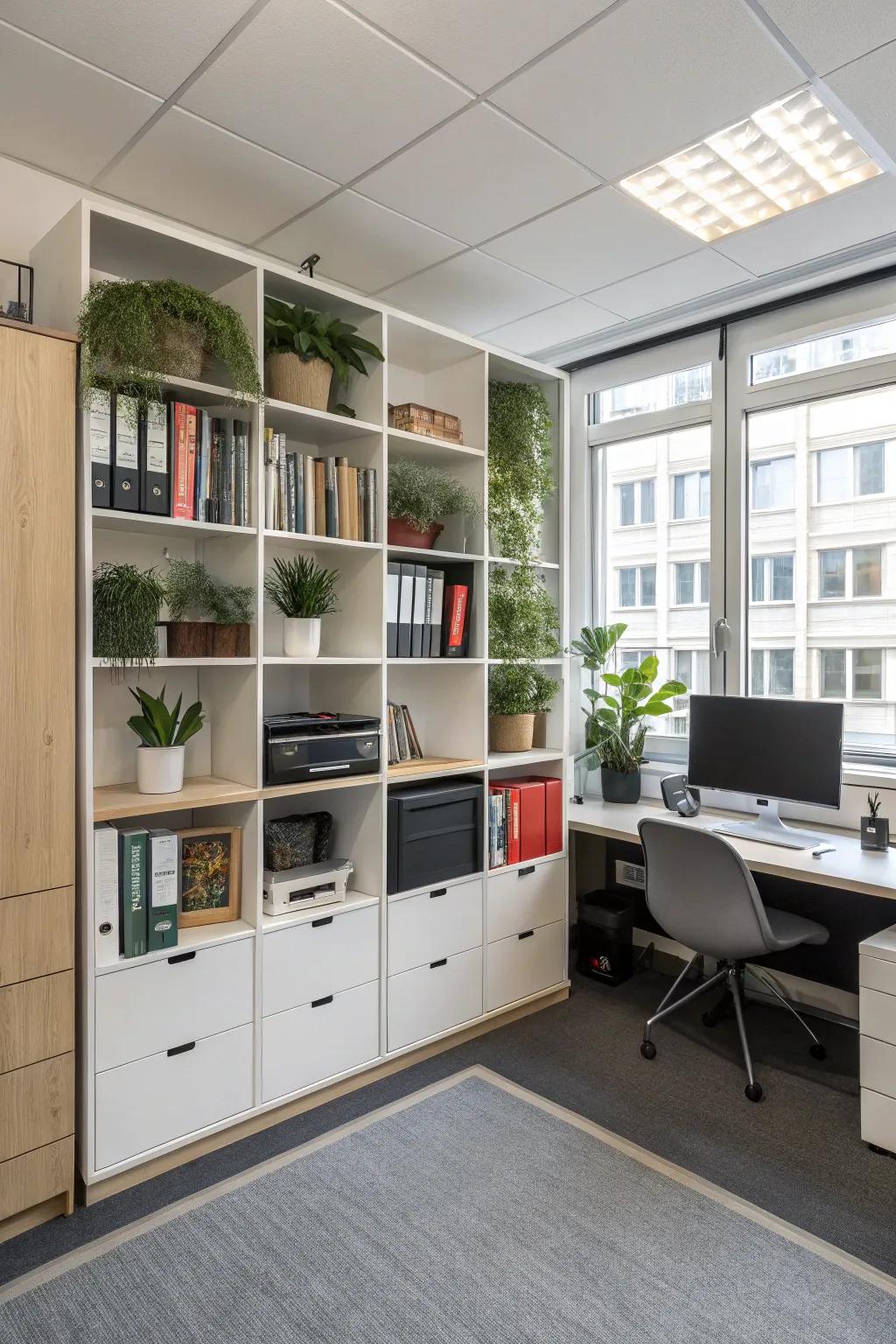 Creative storage solutions ensuring a tidy and elegant workspace.