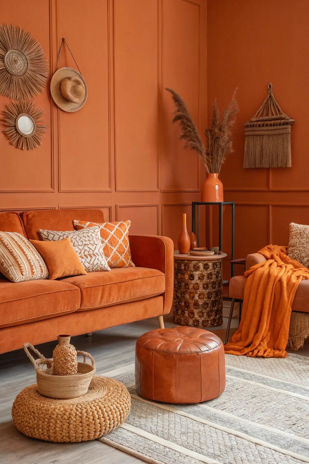 A monochromatic orange palette creates a bold, inviting space.