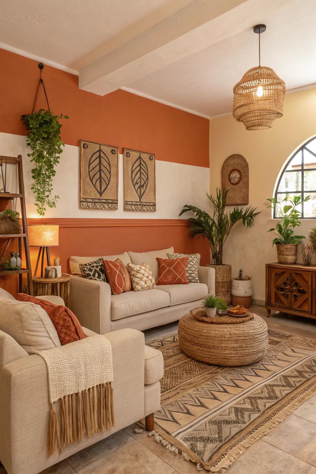A living area designed to feel grounded and welcoming with its palette of tangerine and sand.