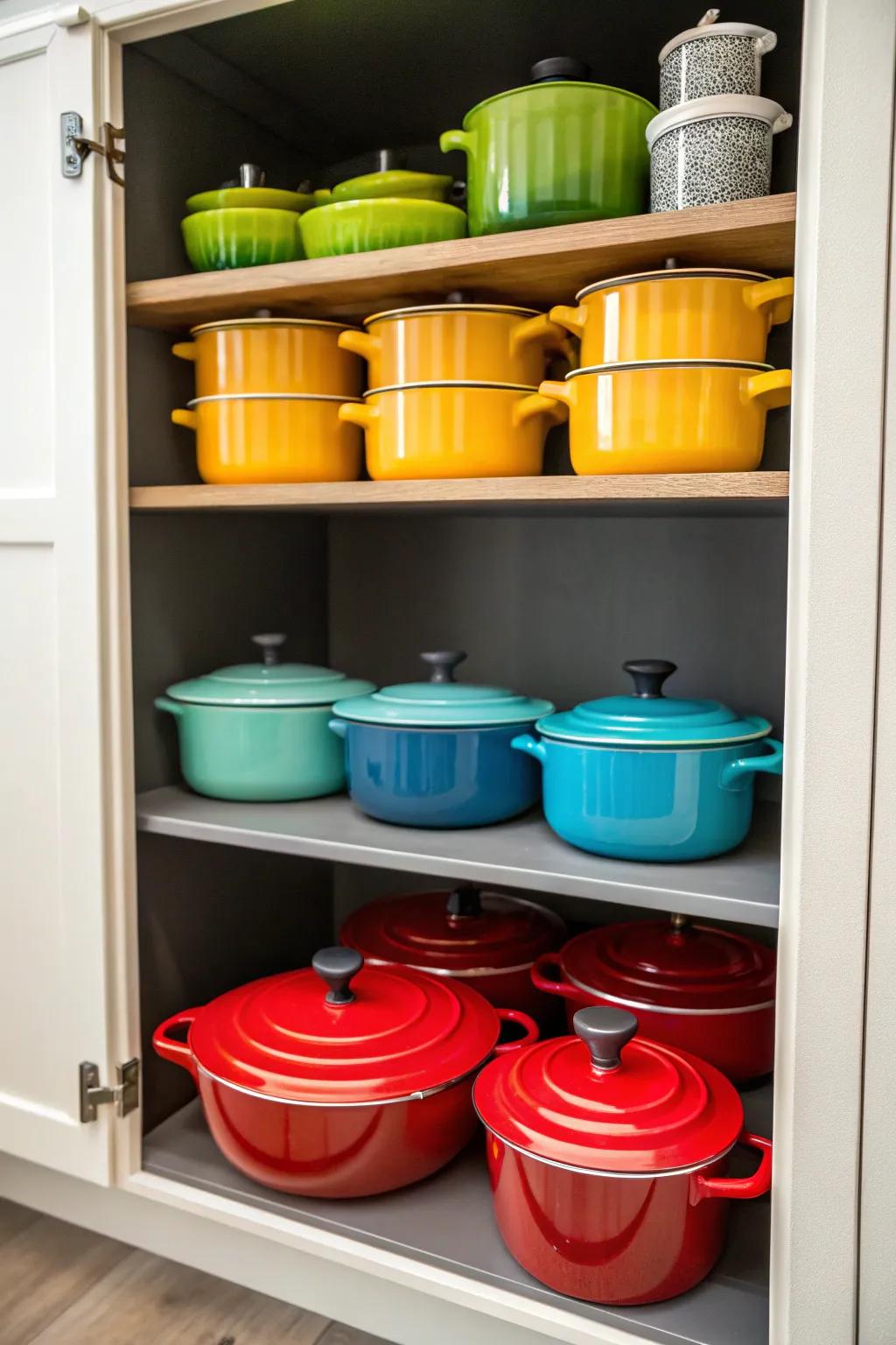 Color-coded cookware makes organization and retrieval a breeze.