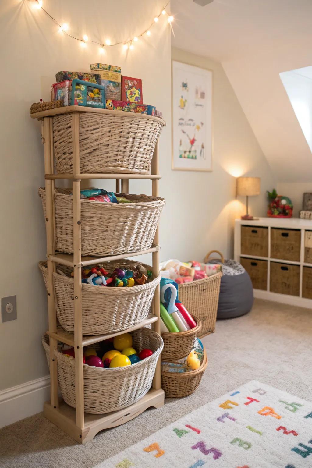 Basket towers offer chic storage solutions.