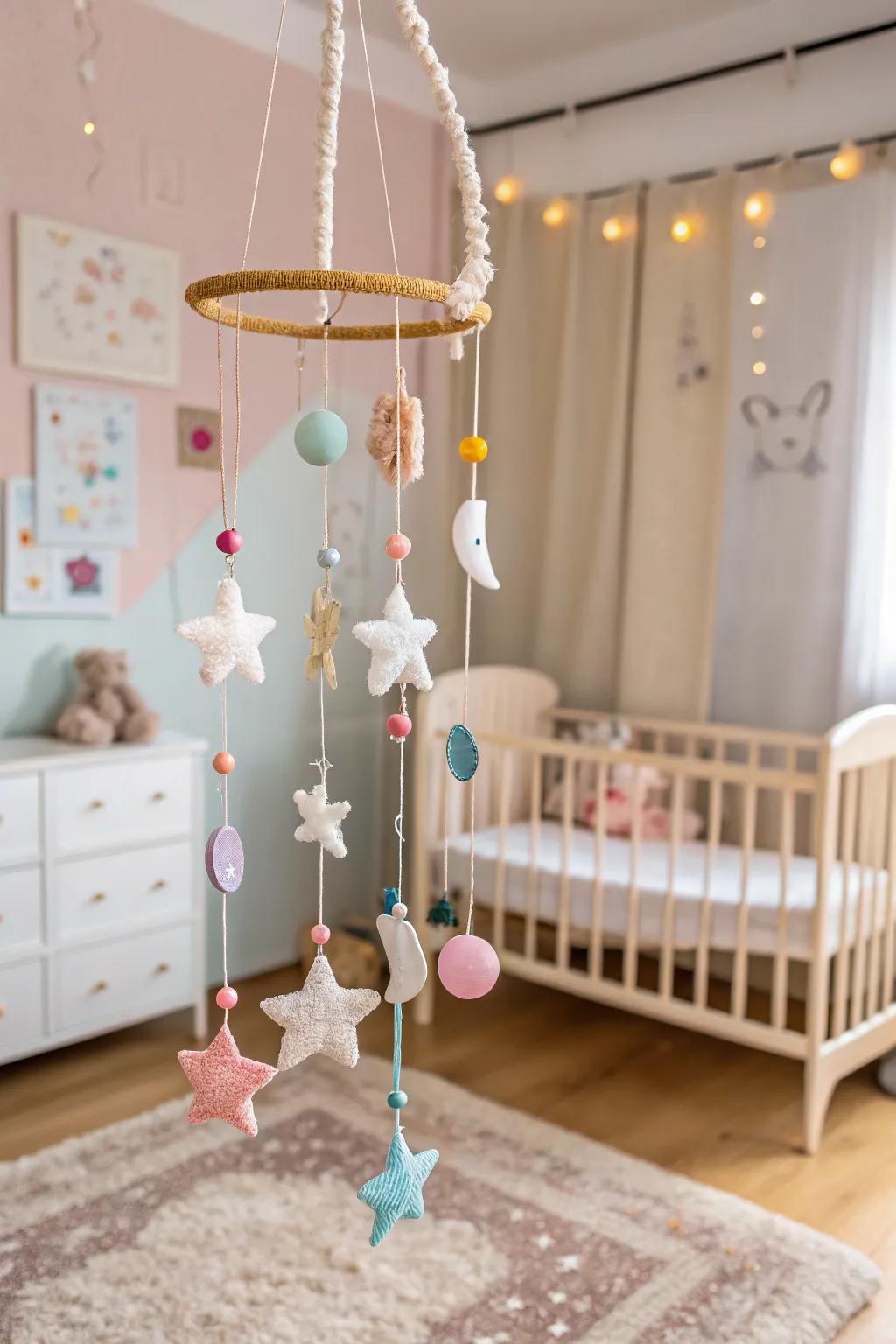 A dynamic and engaging floating ornament mobile.