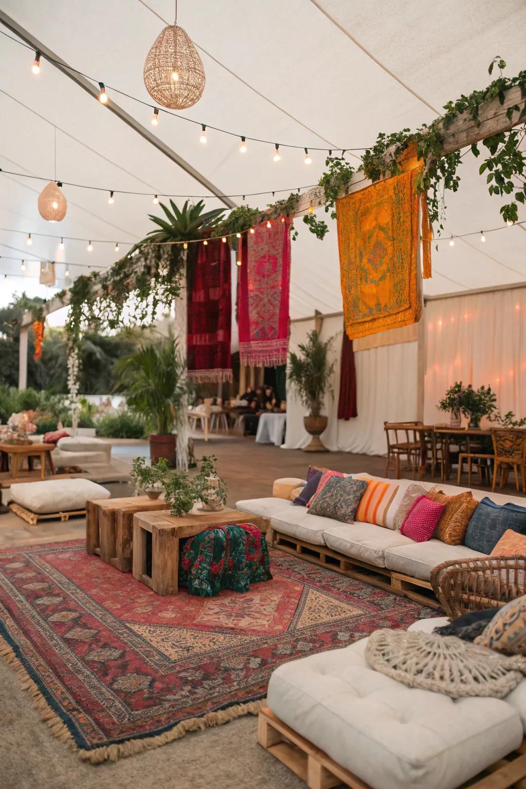 A snug boho relaxation zone excellent for invitees to unwind and mingle.