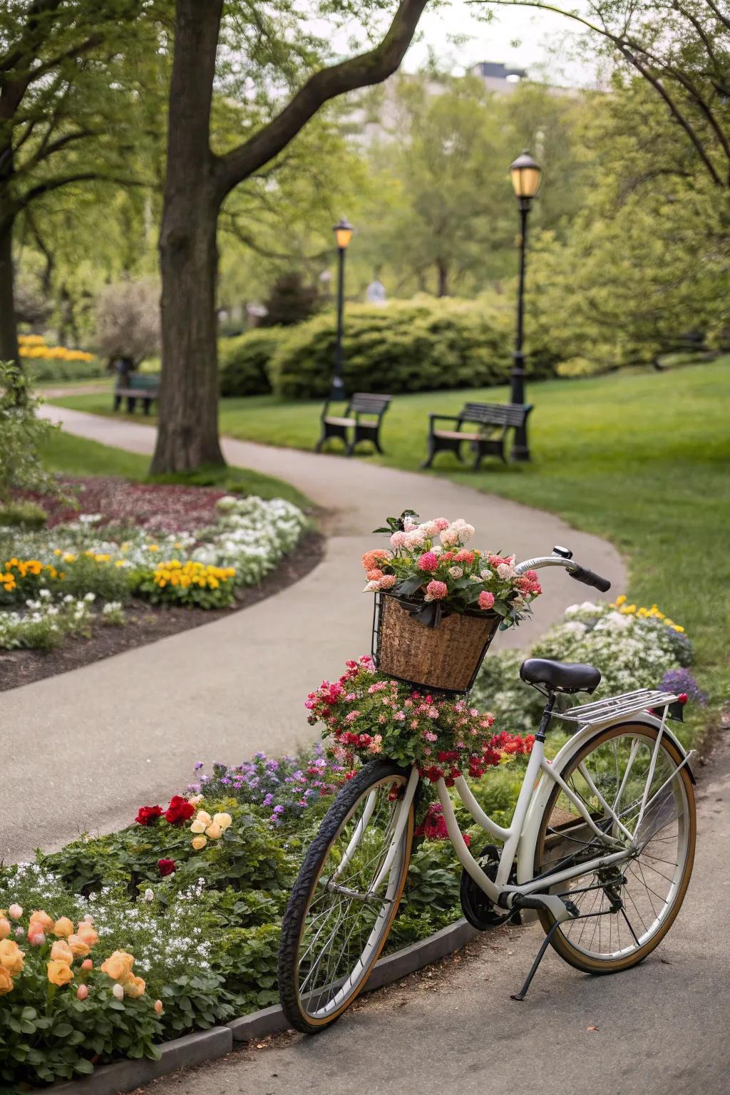 A vintage bicycle adds a whimsical and nostalgic element to park decor.