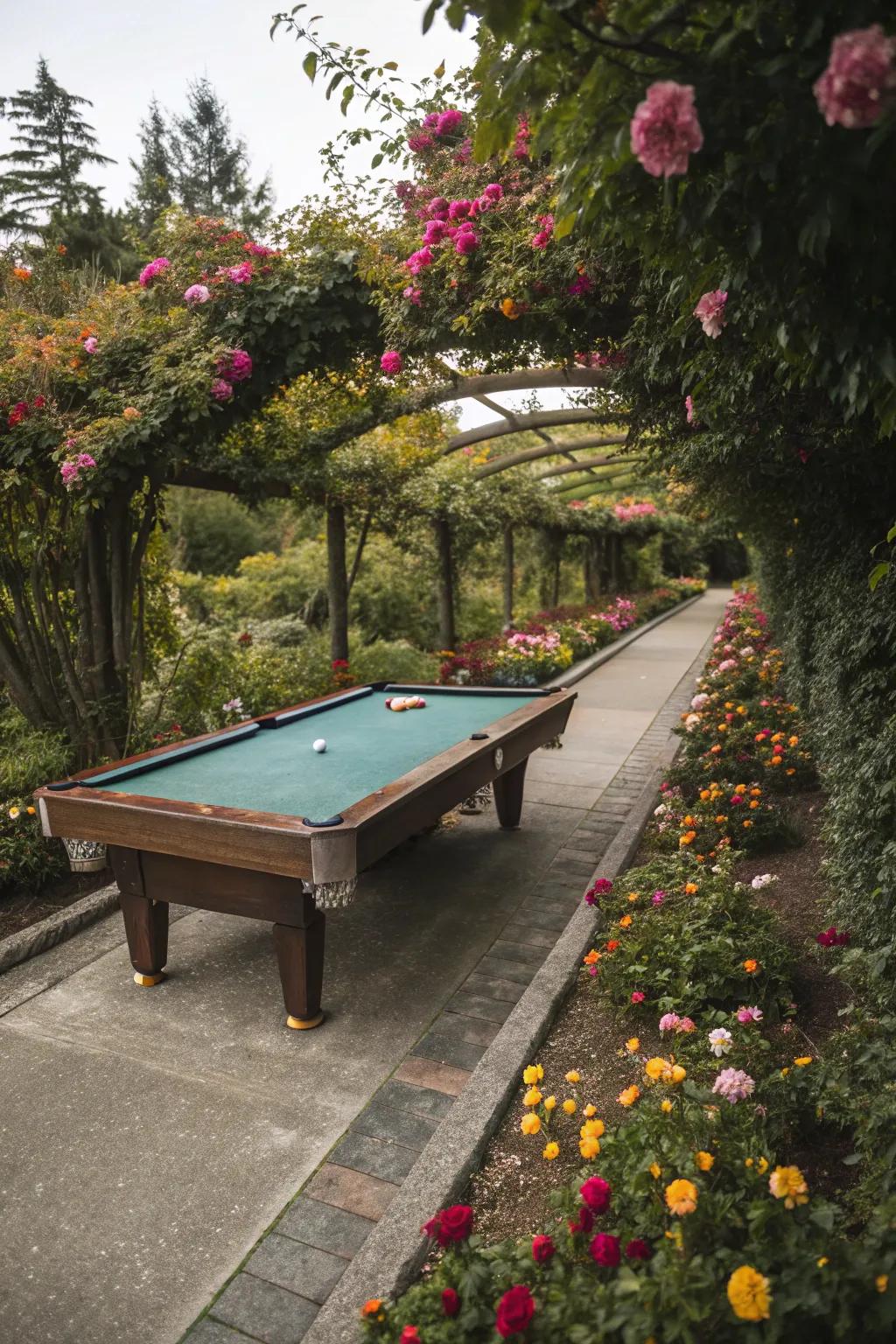 A pool table along a scenic garden footpath.