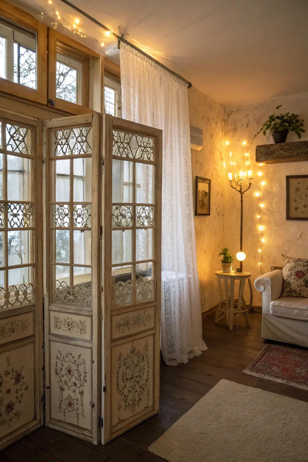 Upcycled windows contribute vintage charm and light.