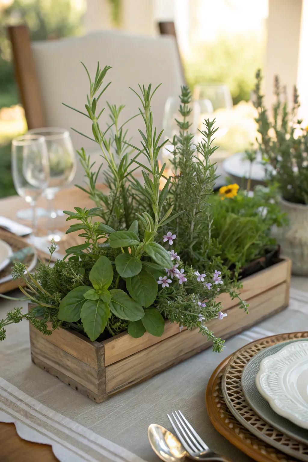 A garden-style centerpiece, displaying fresh herbs.