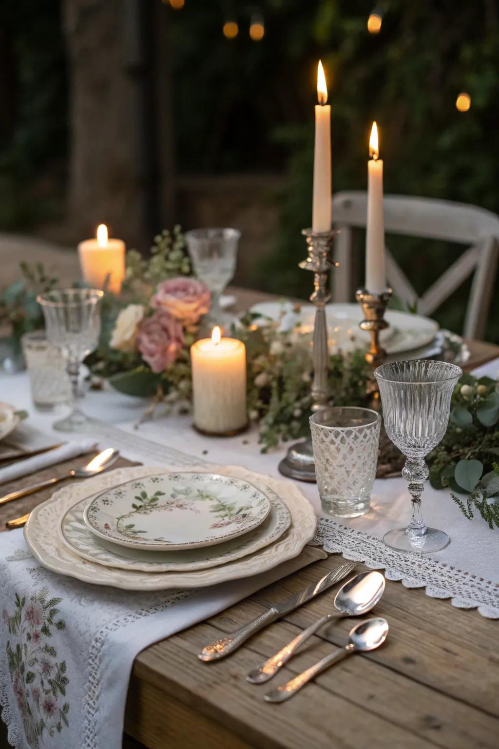 A loving dining table setting with elegant tableware and candlelight.