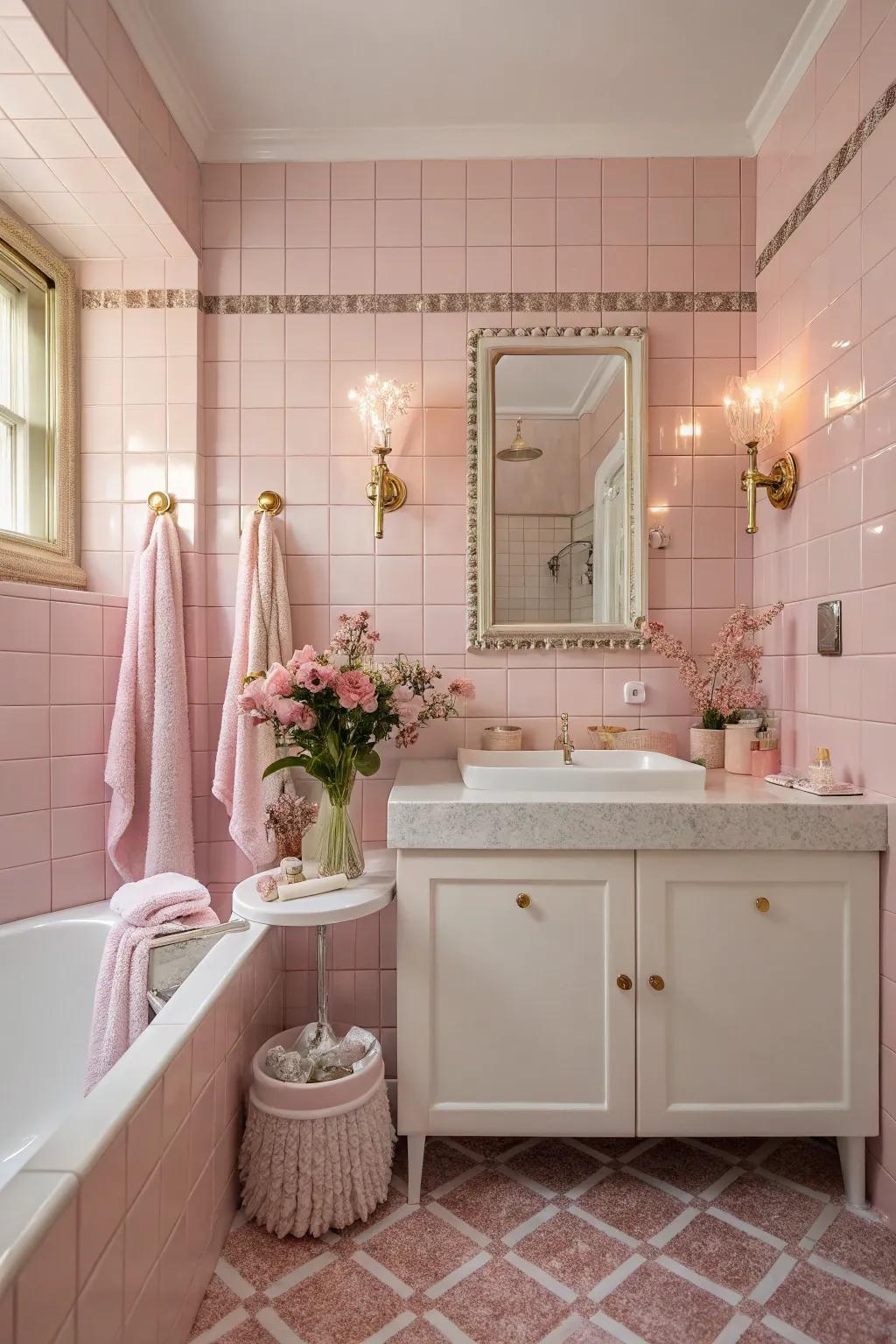 A graceful bathroom that features feminine touches and pink tiles.