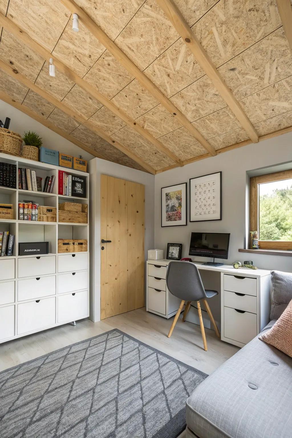 A room where covert storage in the plywood ceiling maximizes space efficiently.