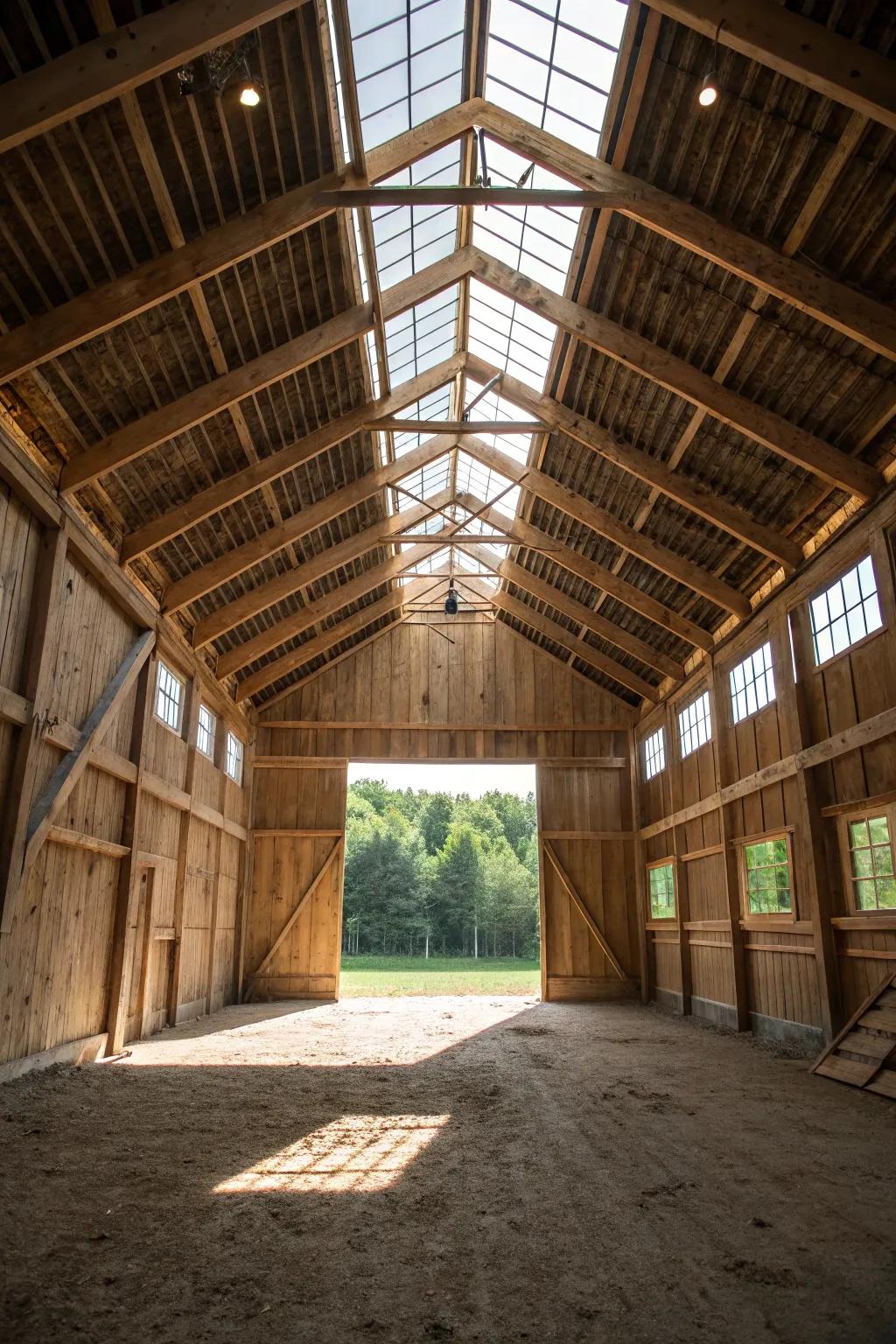 A sun tunnel in a pole barn that lets in lots of sunlight.