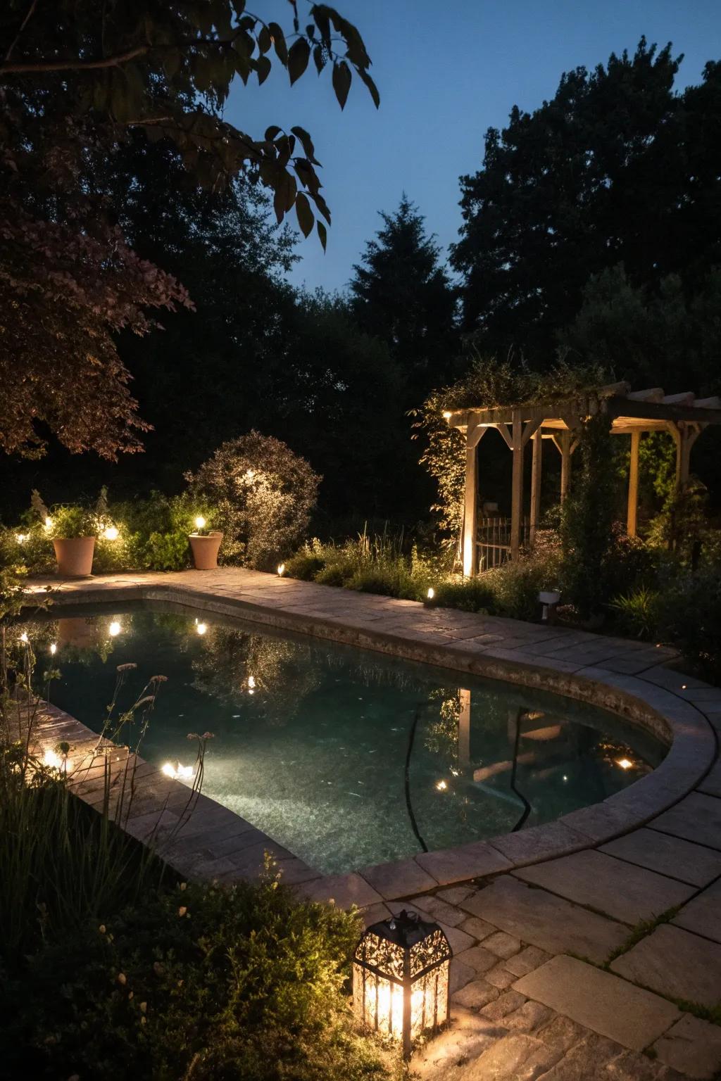A pool pond featuring magical nighttime lighting.