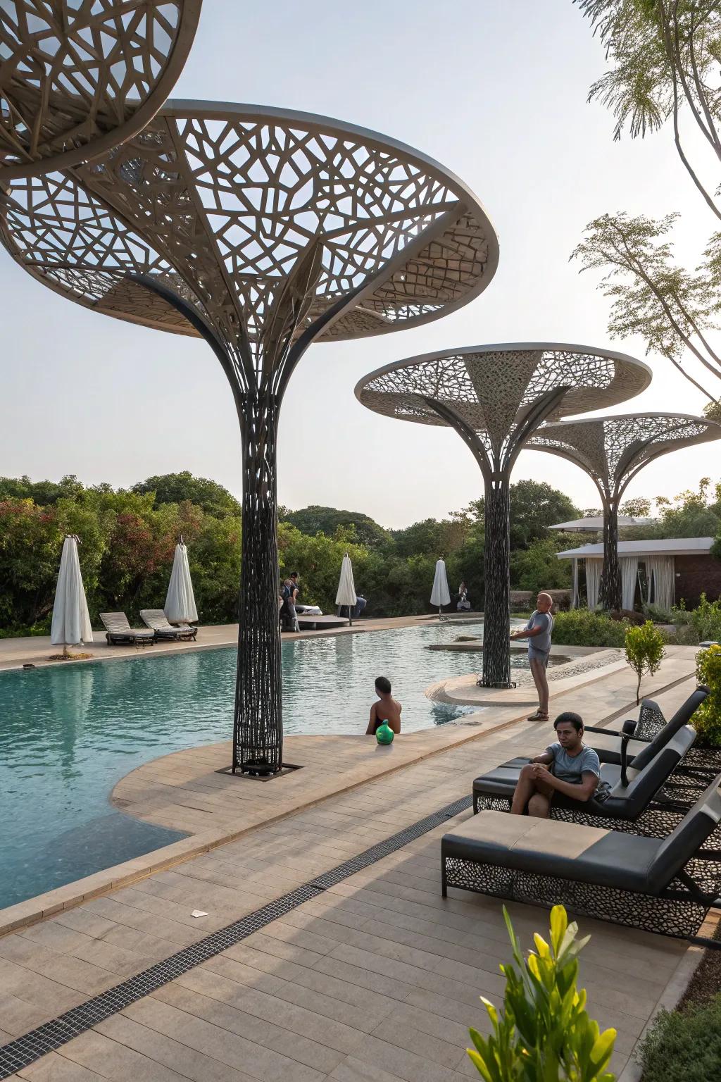 Artistic elements transforming shade structures into captivating focal points.