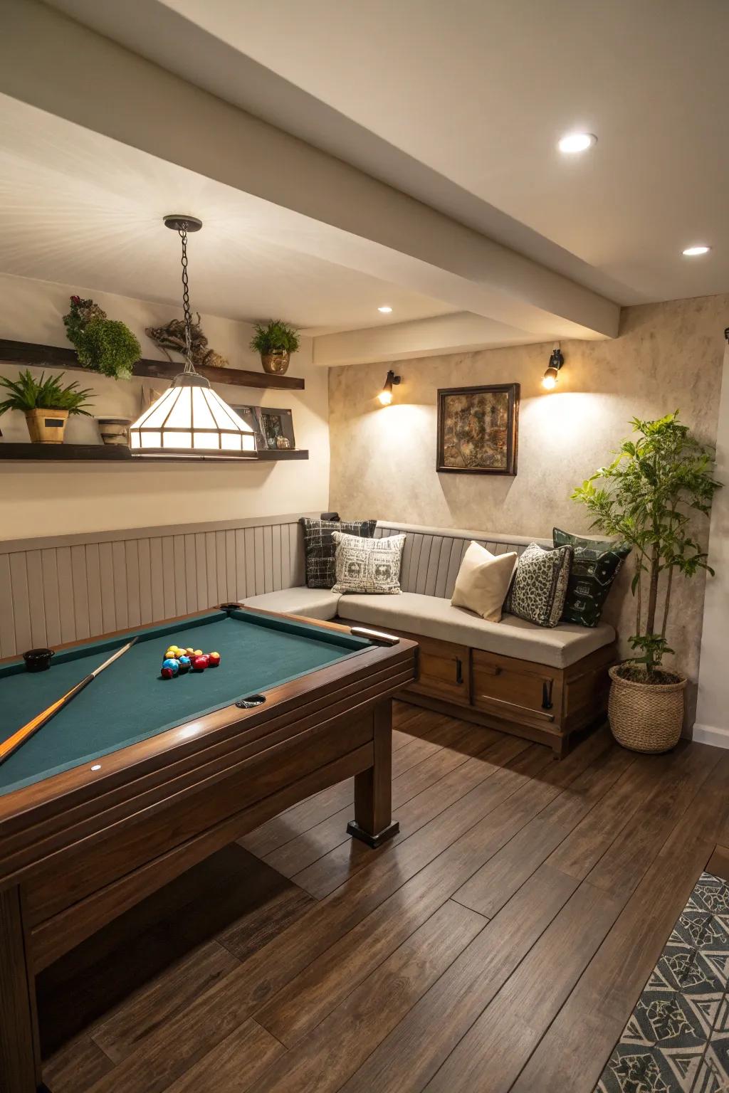 Fixed seating maximizes space and comfort in a small pool room.