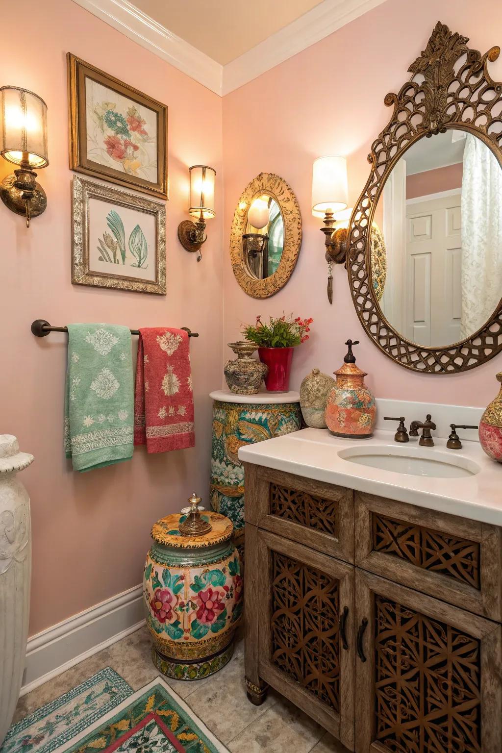 A powder room brought to life with assorted and personal decorations.