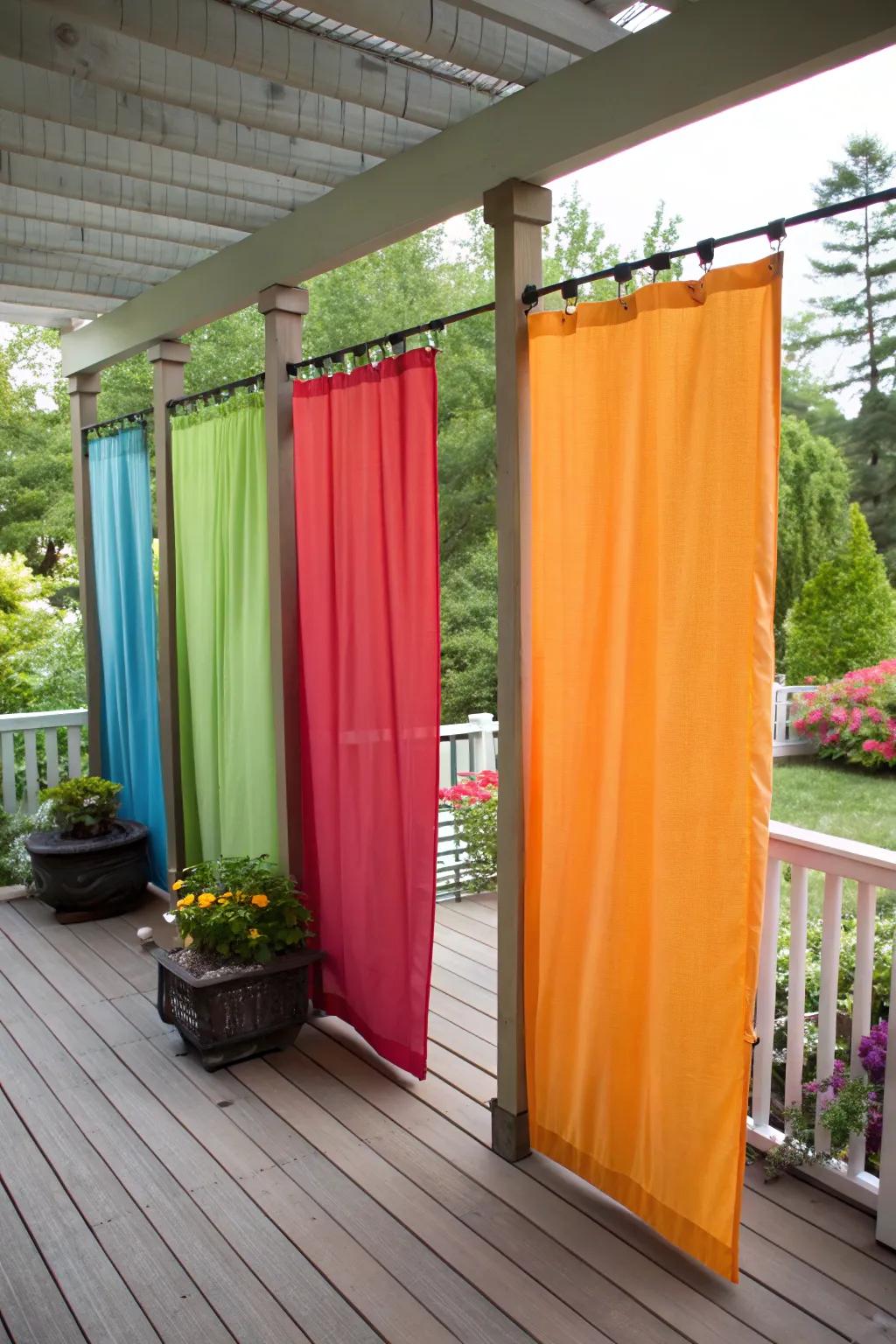 Vibrant textile screens offer swift and seasonal seclusion on a deck.