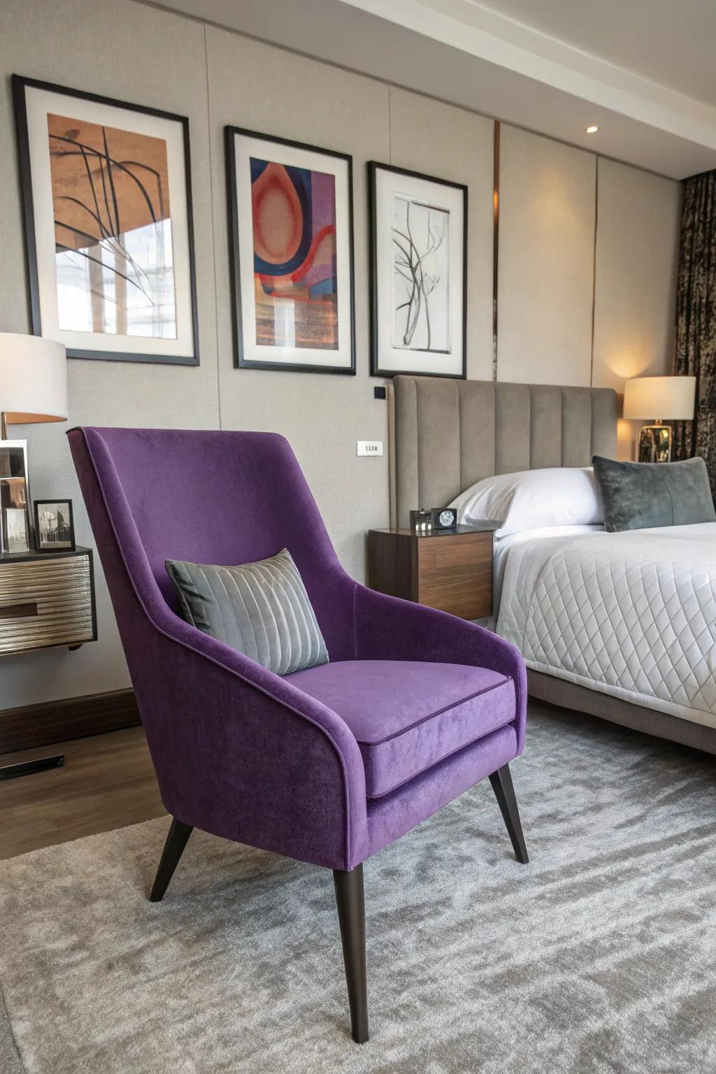 A purple assertion seating enhances the room's style quotient.