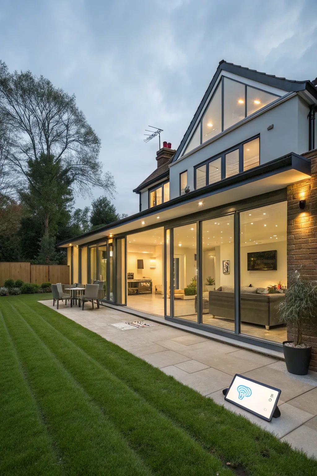 A modern rear extension equipped with smart home technology for convenience.