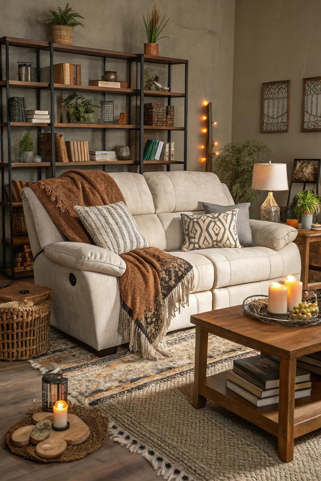 An opulent dwelling space milieu fashioned through the intermingling of varied textural impressions encircling the reclining sofa.