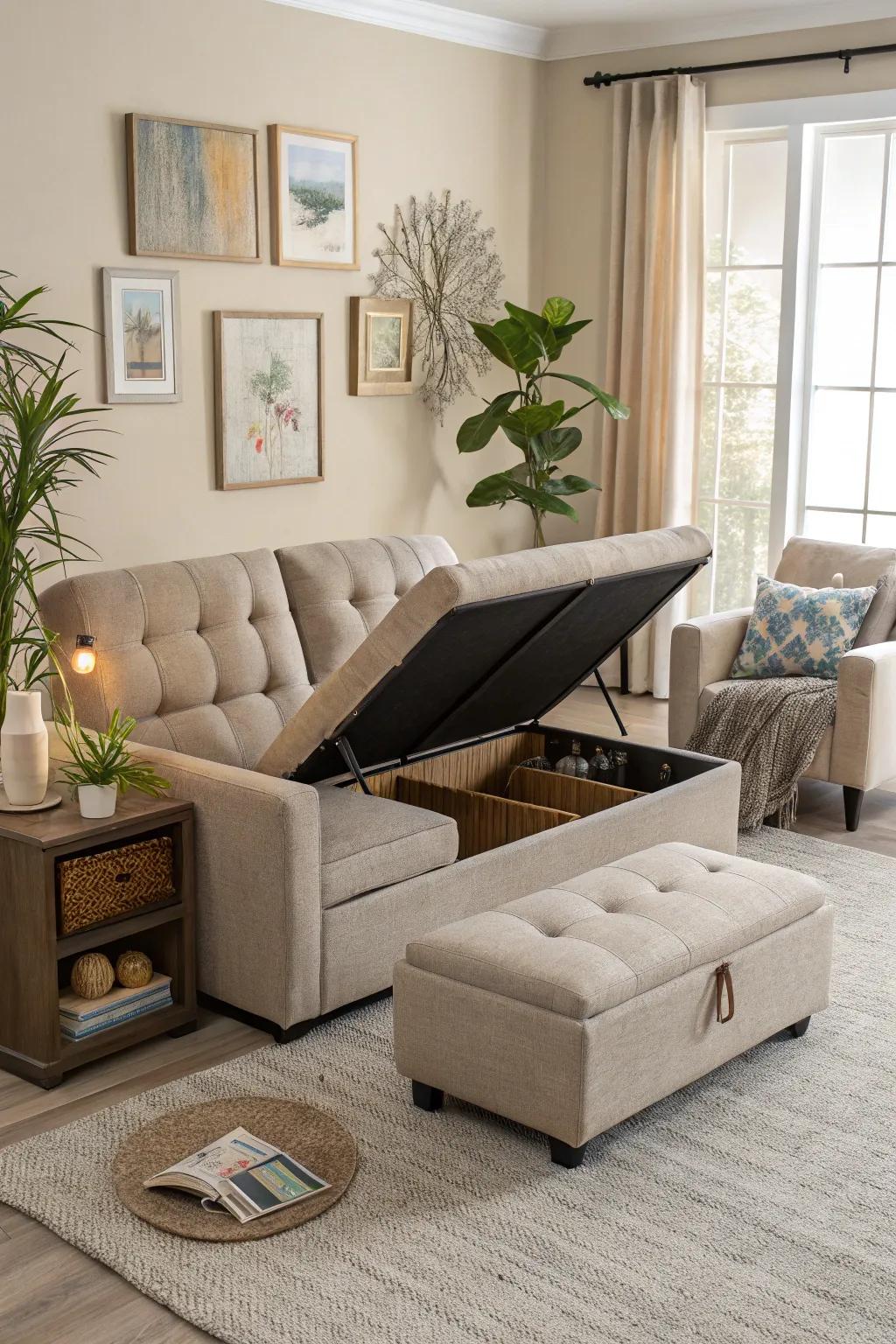 Multi-purpose furniture optimizes space and utility.