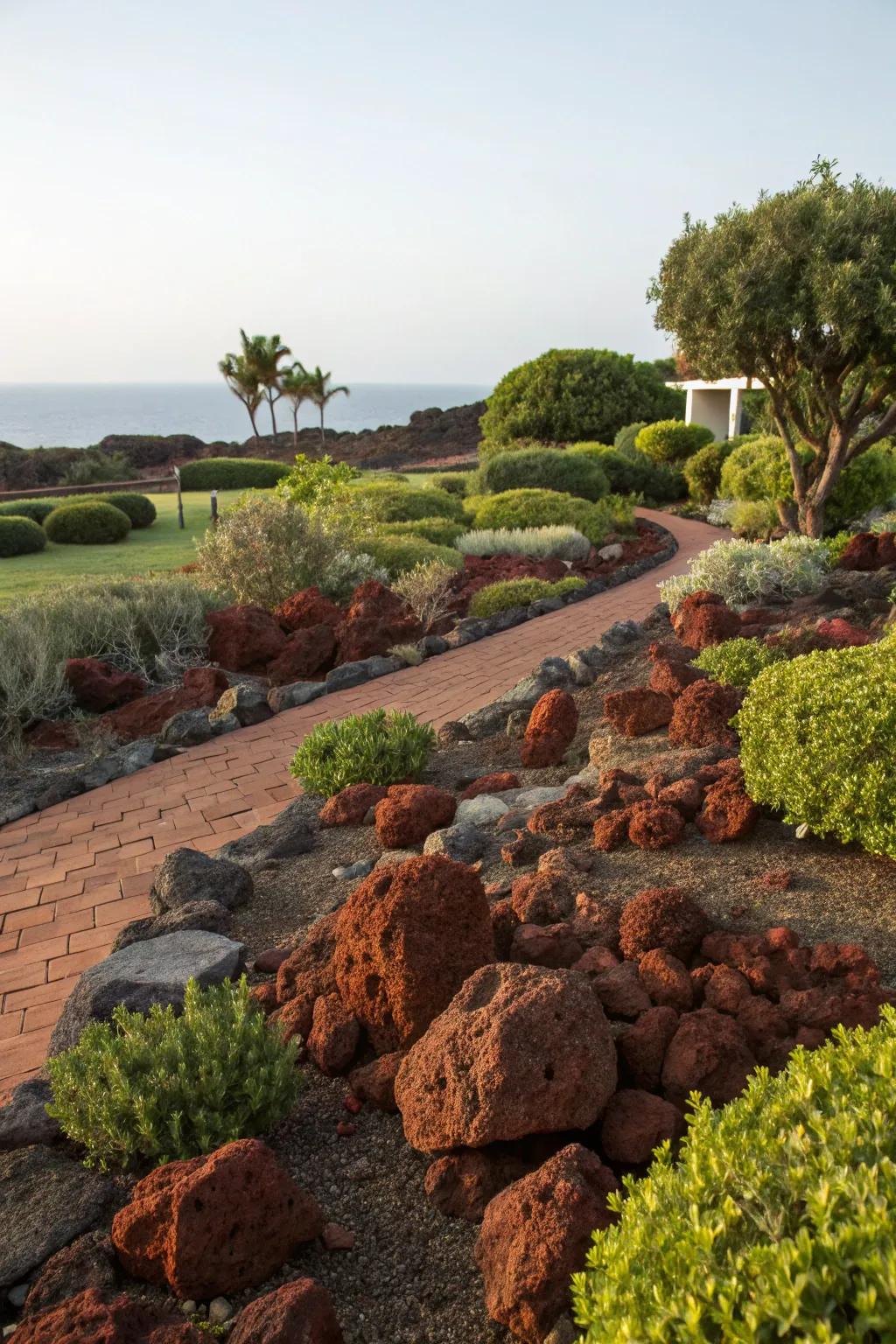 Scarlet volcanic stones function as a beautiful and practical substitute for turf.