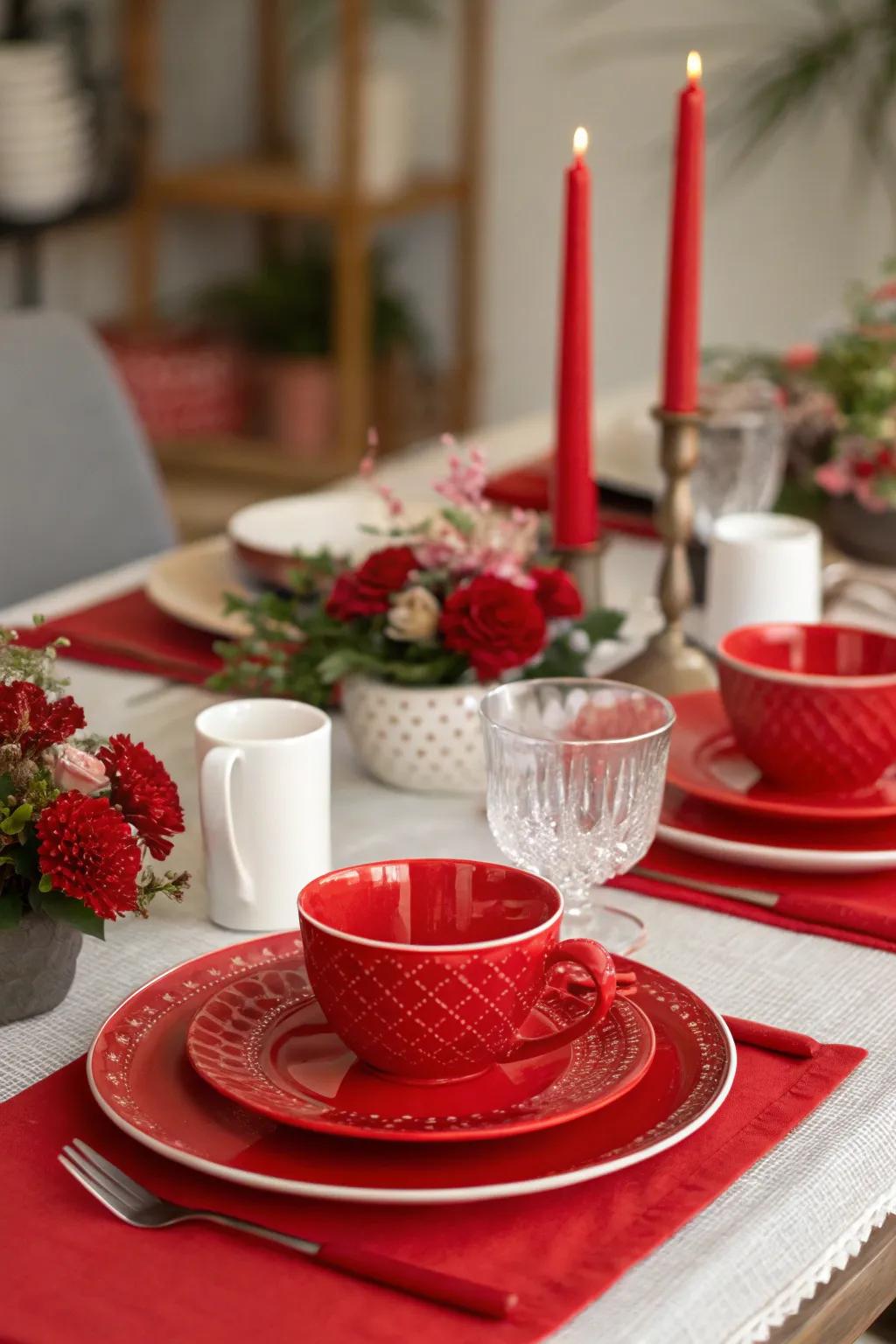 Red tableware creates a joyous and welcoming setting for dining.
