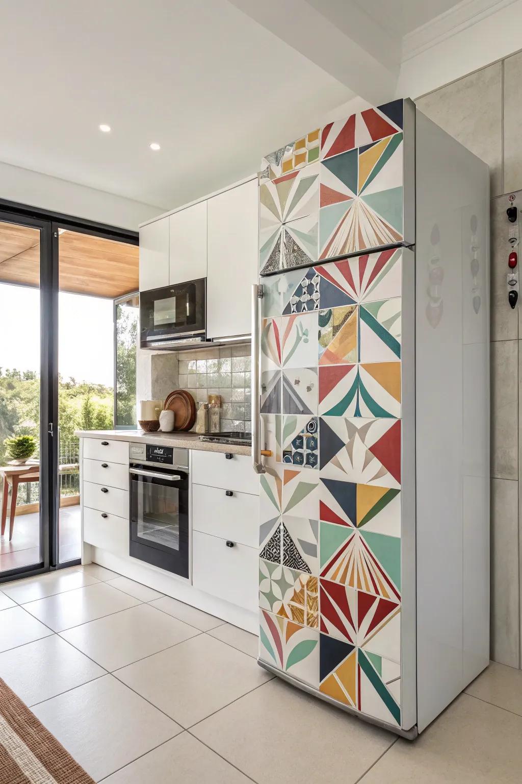 Geometric configurations encircling the refrigerator append visual intrigue and elegance.