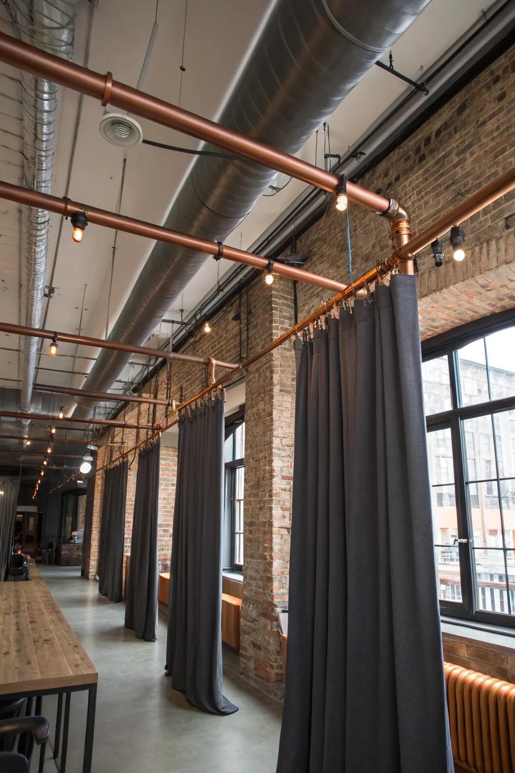 A chic industrial flair is brought to drape setups by do-it-yourself metal pipes.