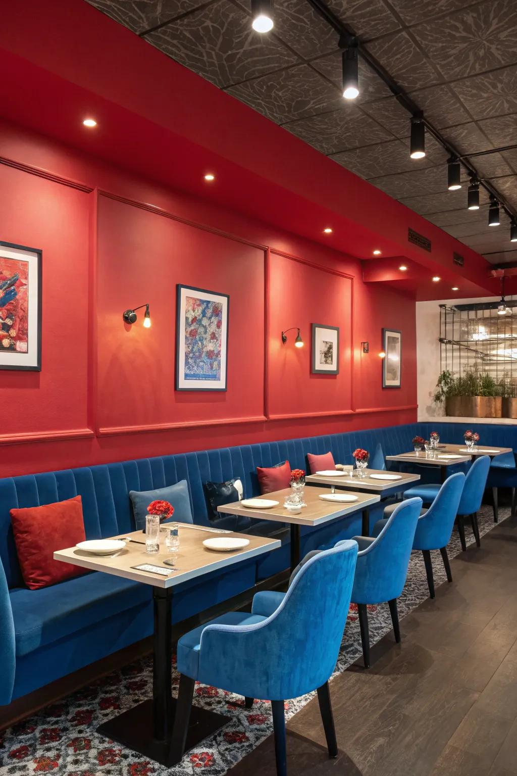 Daring color schemes project a striking assertion within the blueprint of a restaurant.