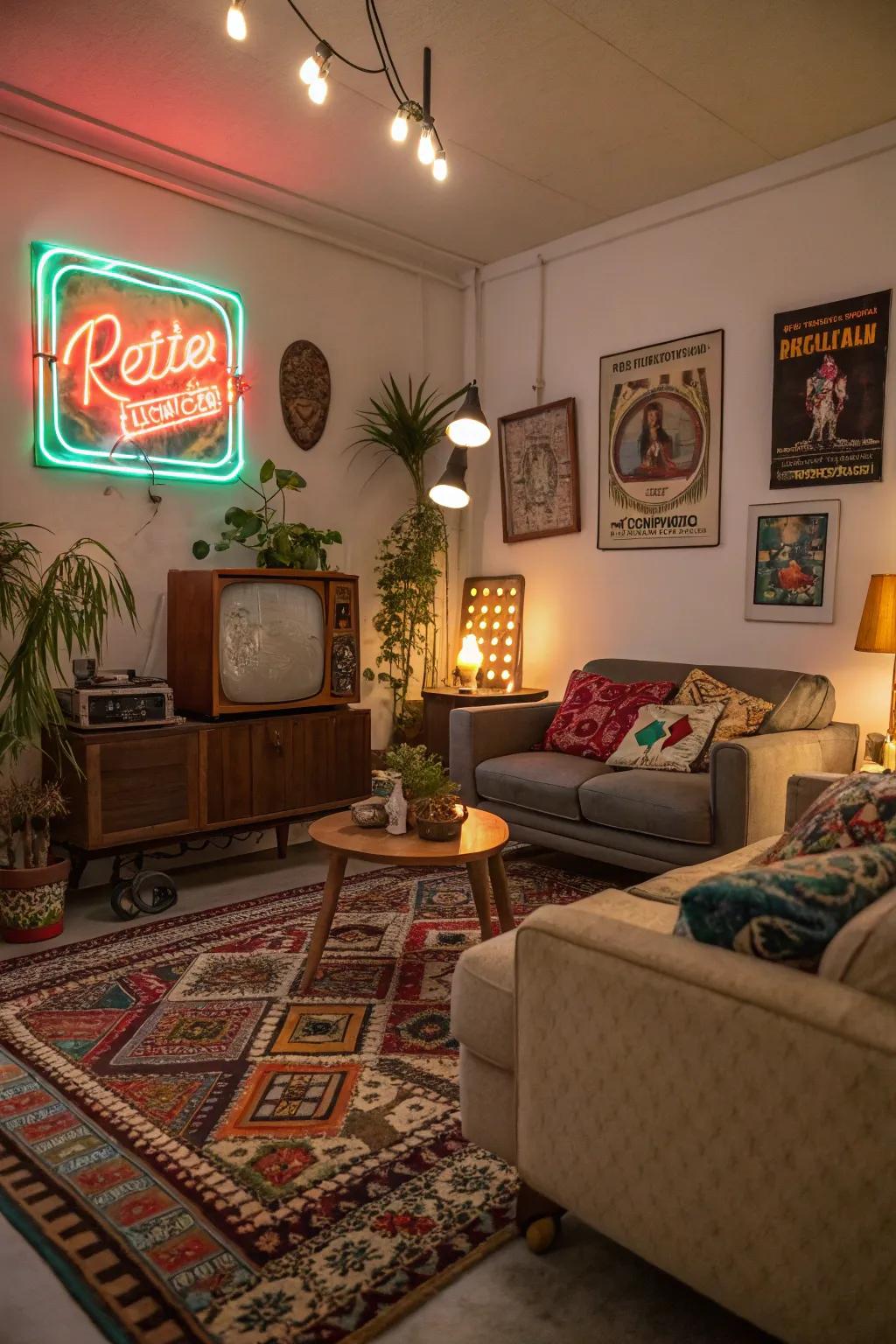 Neon emphases inject a playful retro vibe.