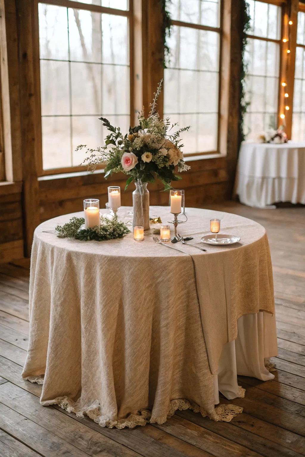 Organic fiber table covering for an eco conscious wedding.