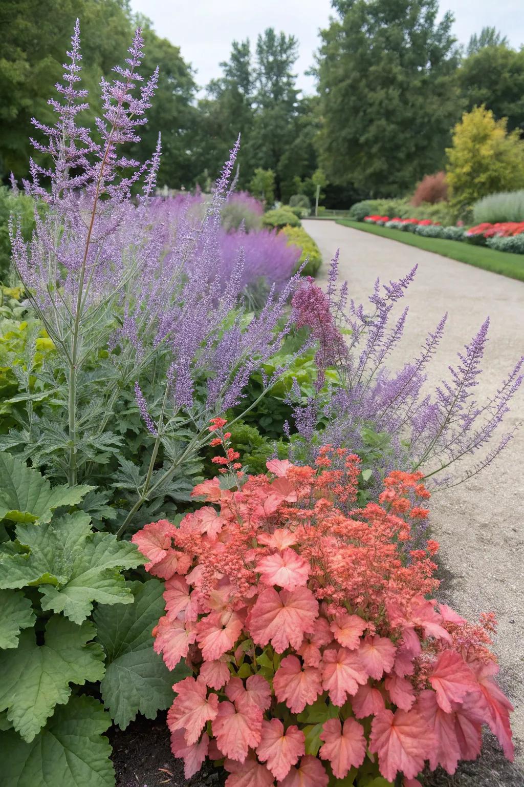 An unexpected garden pairing featuring azure blooms and coral bells.