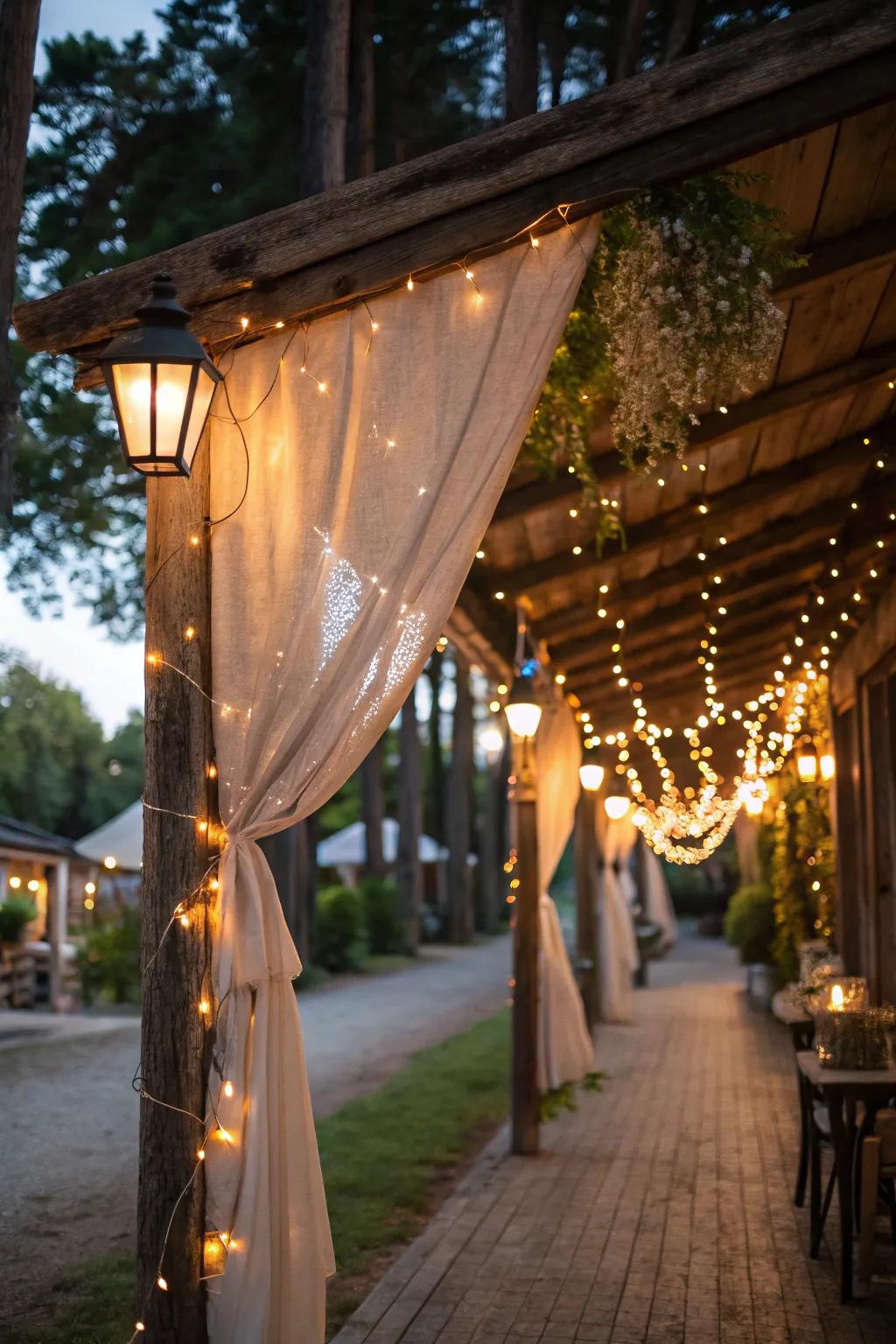 Twinkle lights fashion a magical countryside atmosphere.